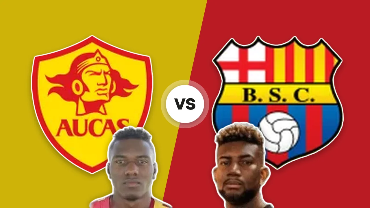 Aucas-Barcelona SC: gli scudi delle due squadre con R. Quiñónez e G. Vallecilla
