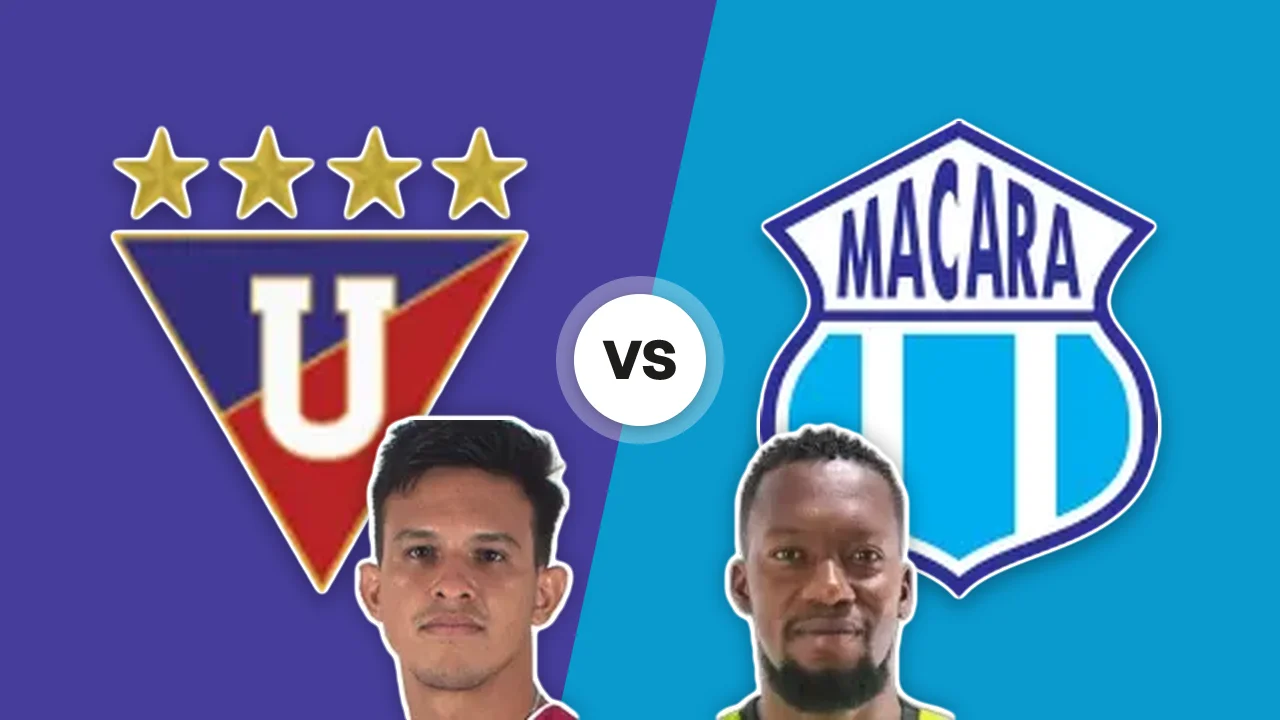 LDU de Quito-Macara: gli scudi delle due squadre con G. Valle e D. Cuero