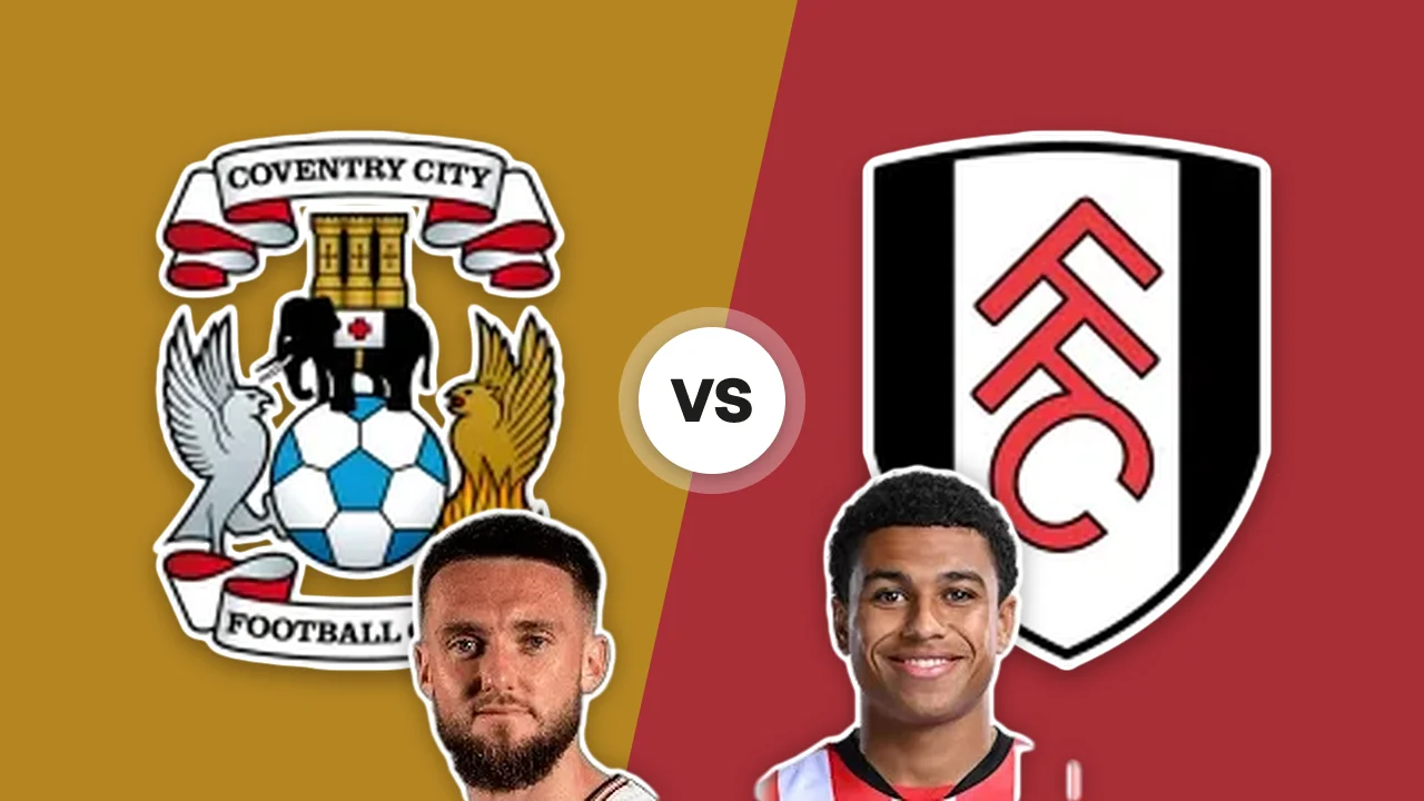 Coventry-Fulham: gli scudi delle due squadre con M. Grimes e S. Charles
