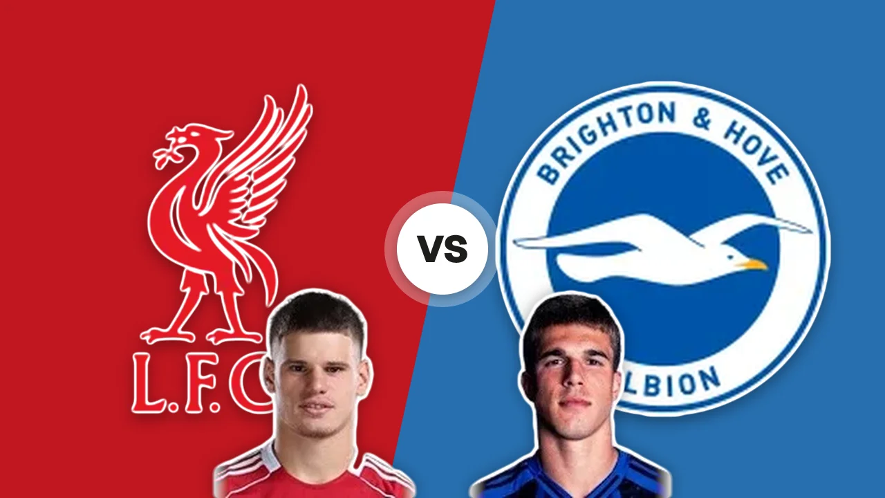 Liverpool-Brighton: gli scudi delle due squadre con M. Kerkez e L. Vuskovic