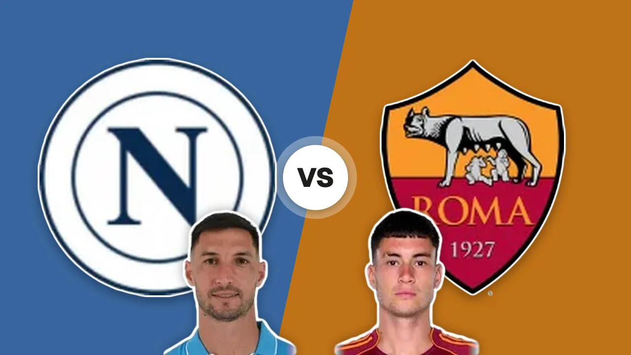 Napoli-AS Roma: gli scudi delle due squadre con M. Politano e M. Soulé